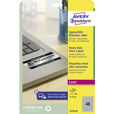 'Etiketten: Typenschild silber, widerstandsfähig für drinnen und draußen. Gratis Online-Vorlagen bei www.avery.eu/print.'