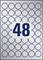 Zahl '48' in der Mitte, umgeben von sechs Reihen mit jeweils sechs offenen Kreisen auf einem grauen Hintergrund.