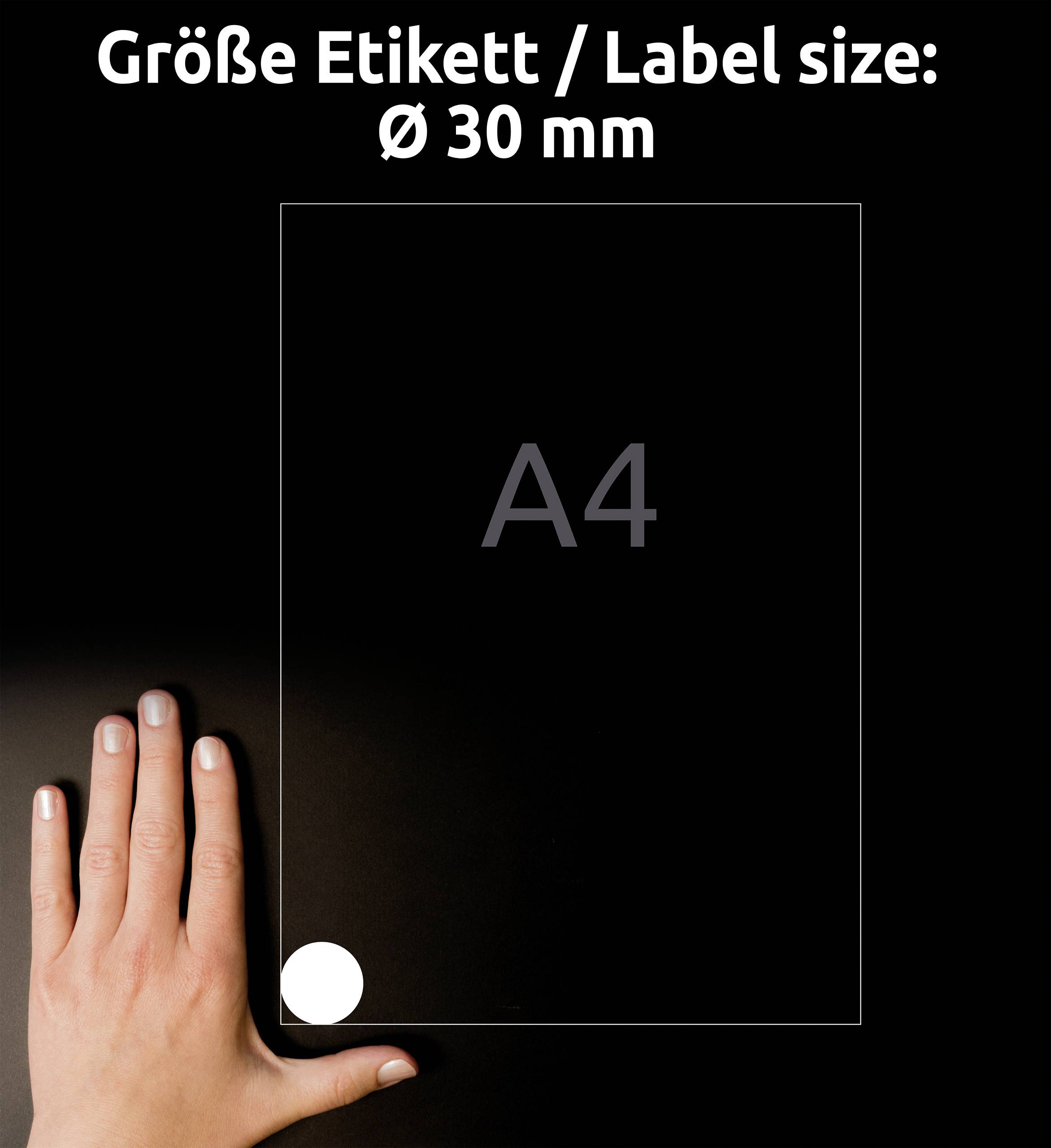 Hand zeigt auf ein A4-Blatt mit einem Etikett von 30 mm Durchmesser. Text im Bild: 'Größe Etikett / Label size: Ø 30 mm'.