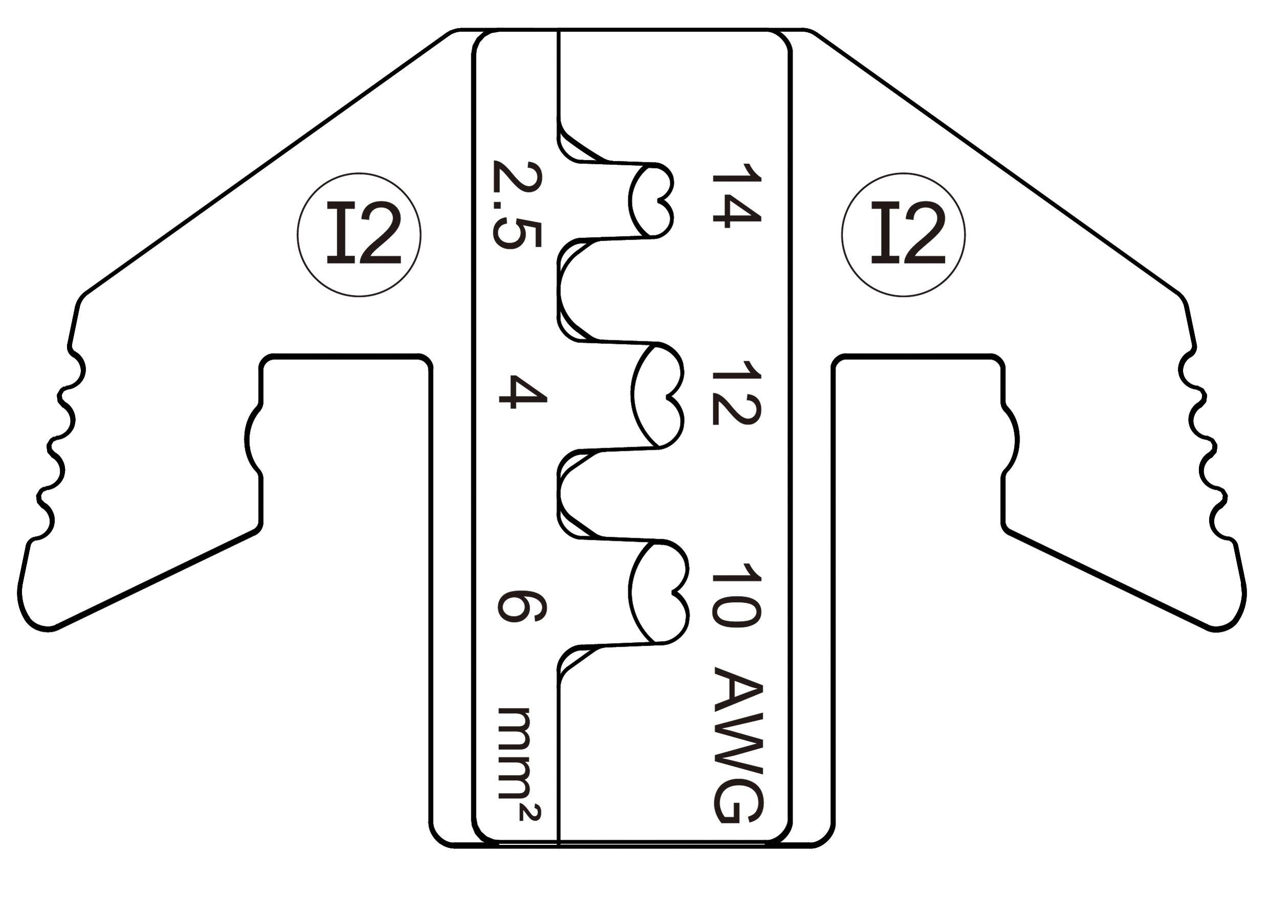 'Illustration eines Drahtabziehers mit Skalen für Drahtgrößen: 2,5, 4, 6 mm² und 14, 12, 10 AWG. Beschriftet mit I2.'