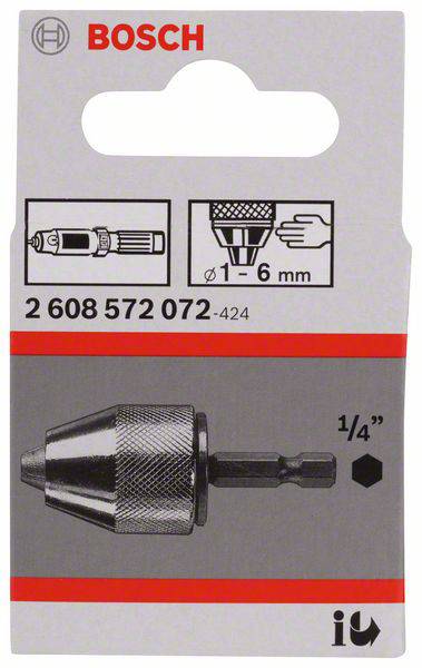 Verpackungsetikett für Bosch Bohrfutteradapter, passend für Bohrer mit 1 bis 6 mm, 1/4" Anschluss, Produktnummer 2 608 572 072.