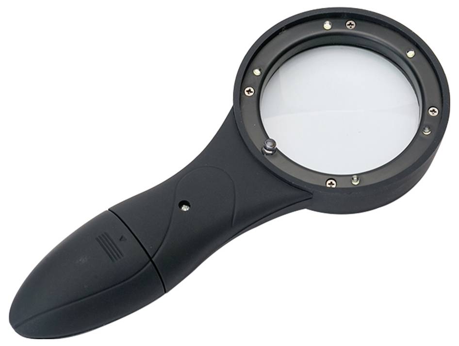 Schwarze Lupe mit LED-Beleuchtung. Geeignet für Vergrößerung kleiner Details oder Texte bei schwachem Licht.