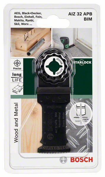 Bosch Starlock Sägeblatt, verpackt, geeignet für Holz und Metall. Markenkompatibilität aufgelistet. Kurven-Technologie hebt sich hervor.