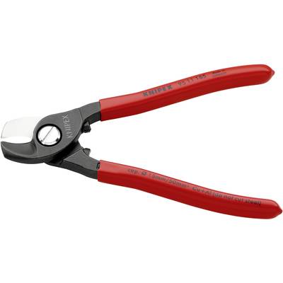 Zange mit rotem Griff, geeignet zum Schneiden von Kabeln bis 15 mm Durchmesser oder 50 mm², nicht für Stahldrähte geeignet.