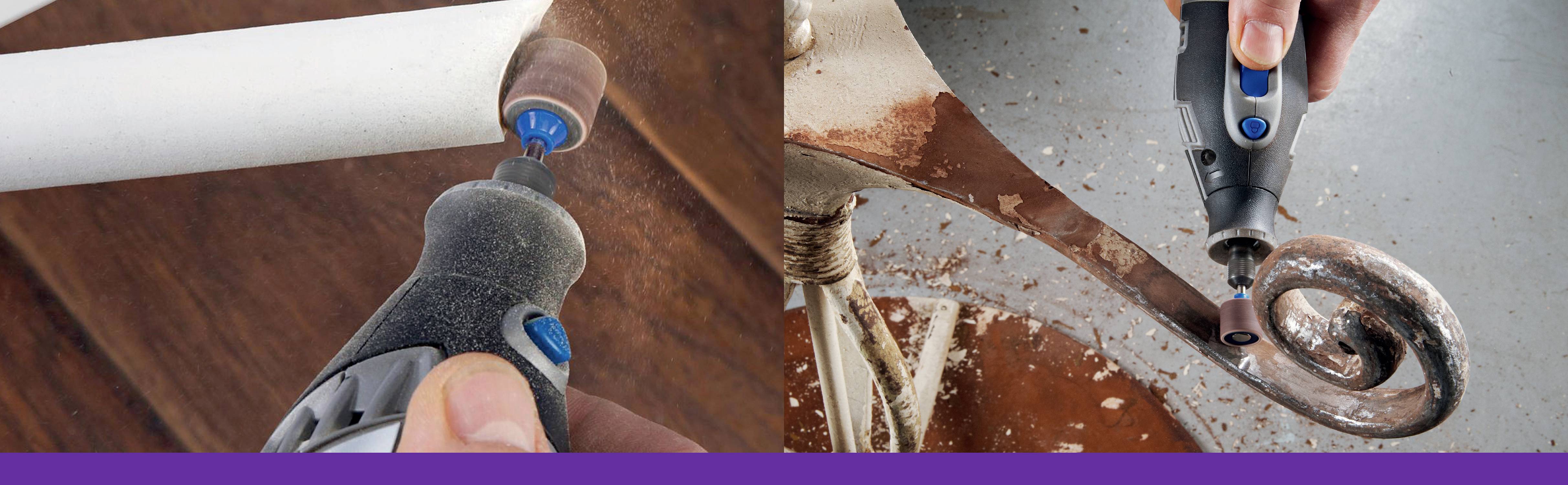 Zwei Bilder zeigen eine Person, die mit einem rotierenden Werkzeug Metall und Holz schleift. Dust entwickelt sich beim Schleifen.