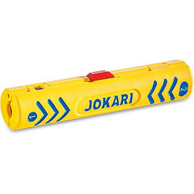 Abisolierwerkzeug 'Jokari' in Gelb mit blauen Pfeilen und rotem Einstellschieber oben.