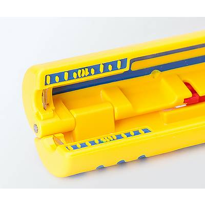 Ein gelbes Utility-Messer mit einziehbarer Klinge, wobei die Klinge teilweise ausgefahren ist.