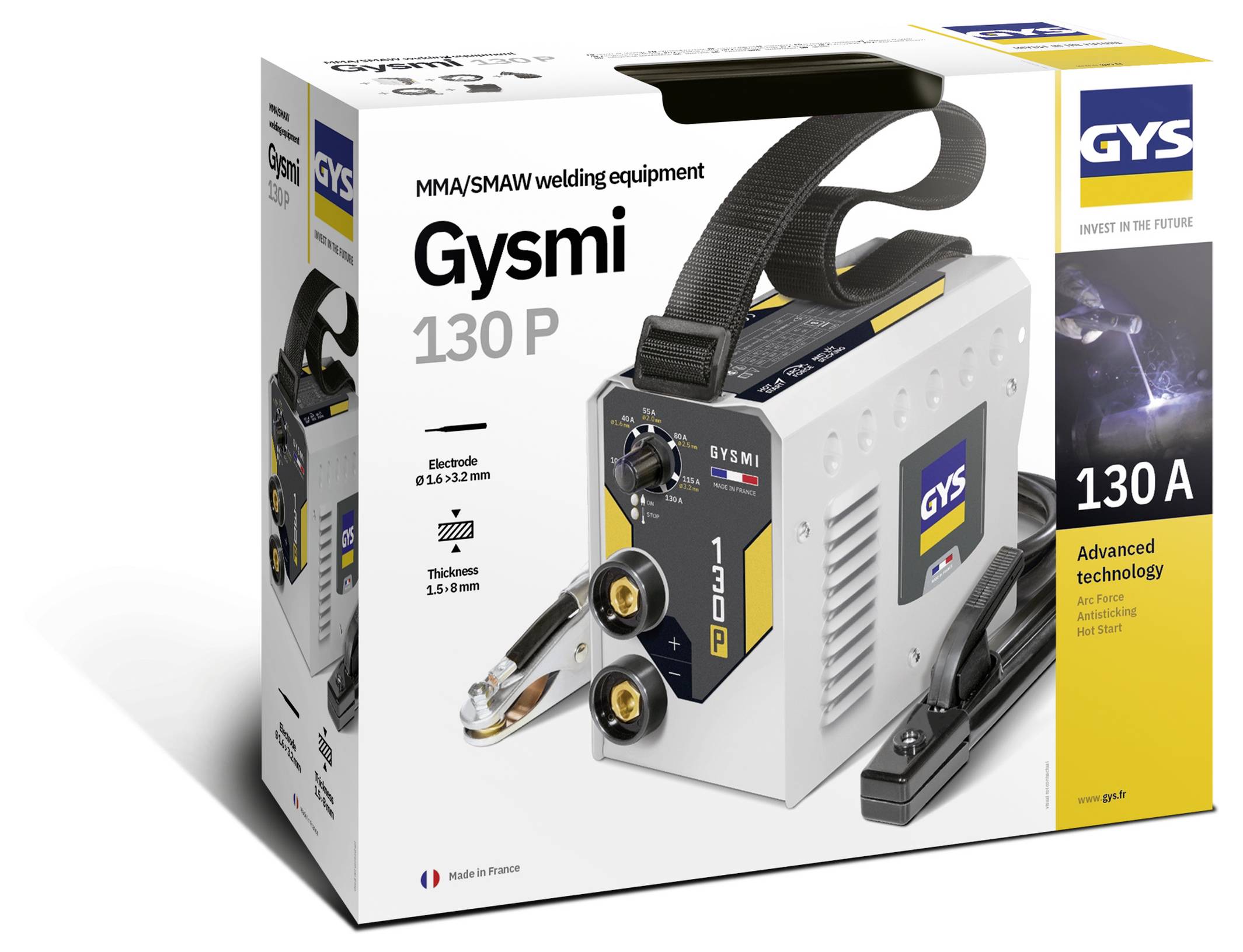 Produktbox für GYS 'Gysmi 130 P' MMA/SMAW Schweißausrüstung, die ein 130-A-Schweißgerät mit Elektrodenhalter und Masseklemme zeigt.