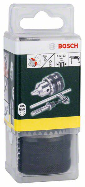 Verpackung einer Bohrfutteraufnahme mit Bosch-Logo. Enthält eine Abbildung des Produkts, Symbol für SDS plus und technische Spezifikationen.