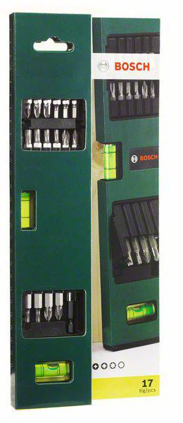 Bausatz mit 17-teiligem Bit-Set von Bosch. Enthalten: verschiedene Schraubenzieherbits und Wasserwaage. Verpackung in Grün und Gelb.
