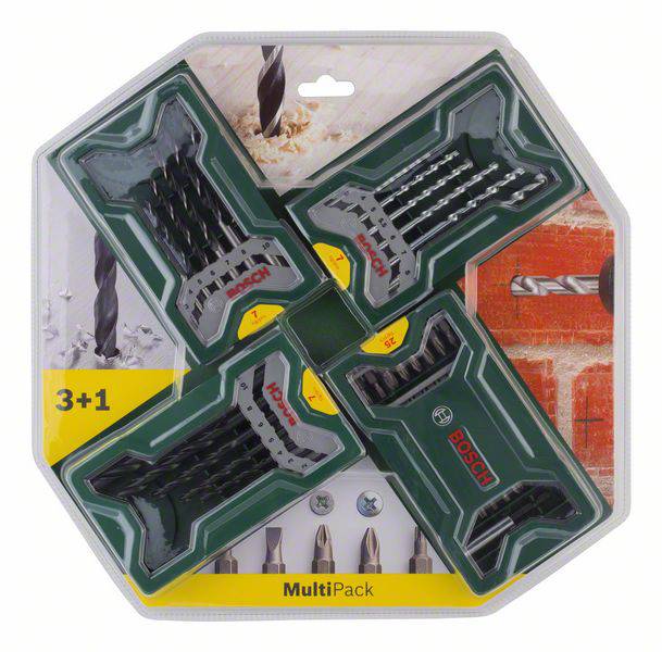 'Bosch MultiPack' Bohrer-Set, bestehend aus Stein-, Holz- und Metallbohrern. Verpackung zeigt Anwendungsbeispiele und Produktlogo.