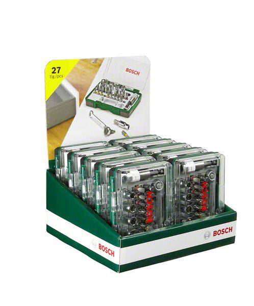 Ein Display mit zahlreichen Bosch Bit-Sets. Verpackung zeigt 27 Teile mit einer Illustration von Schraubendrehern und Bits.