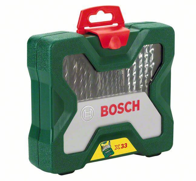 Grüner Werkzeugkoffer von Bosch mit sichtbaren Bohrer-Sets. Über der Darstellung steht 'X33'.