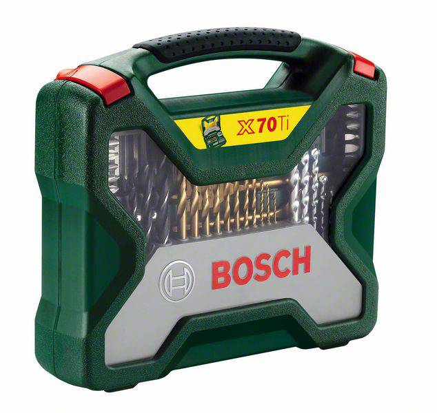 Grüner Werkzeugkasten mit der Aufschrift 'BOSCH'. Enthält verschiedene Bohrer und Bits. Modell 'X 70 Ti'. Tragegriff oben.
