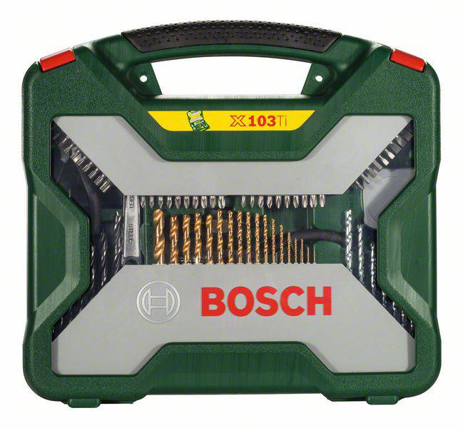 Grüner Bosch-Werkzeugkoffer mit Bohrer-Set, transparentes Fenster zeigt die goldenen und silbernen Bits im Inneren.