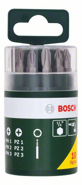 Bit-Set von Bosch mit 10 Teilen, inklusive PH- und PZ-Bits. Beschriftung zeigt Größen und Anwendung. Verpackt in zylindrischer Box.