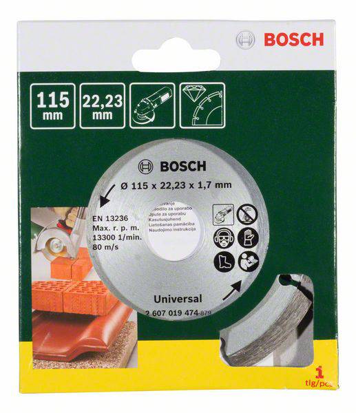 Abbildung einer Bosch-Trennscheibe für Winkelschleifer. Auf der Verpackungssind Spezifikationen wie Durchmesser (115 mm), Bohrung (22,23 mm) und Materialkompatibilität abgebildet.