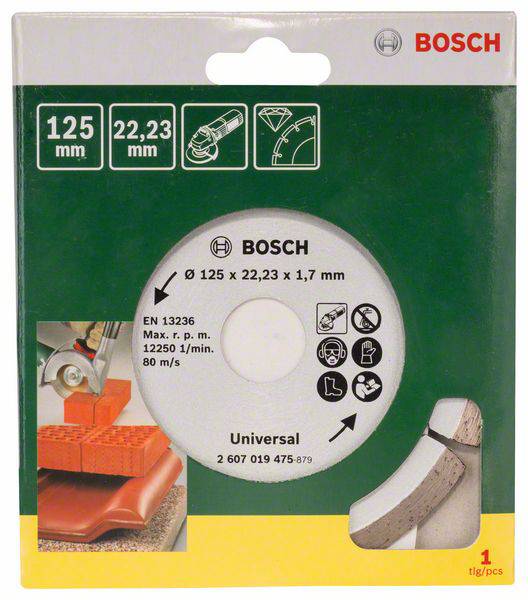 'Bosch Universalscheibe, Ø 125 mm, max. 12.250 U/min, geeignet für Keramik und Beton. Enthält Piktogramme zu Anwendung und Sicherheit.'