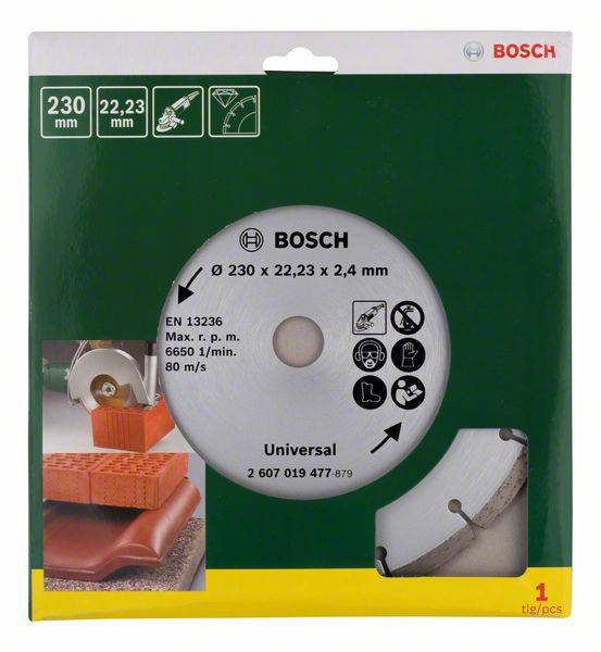 Bosch Trennscheibe für Winkelschleifer, Durchmesser 230 mm, geeignet für Beton, mit Abbildungen zur Nutzung und Sicherheitshinweise.