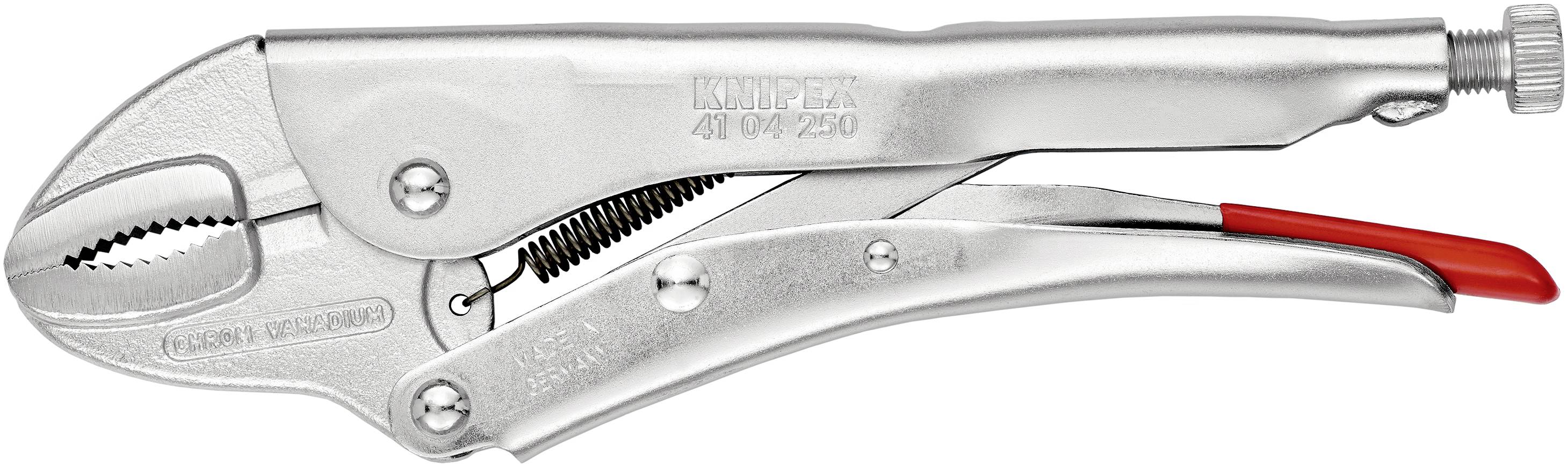 Metallene Feststellzange mit rotem Griff.
