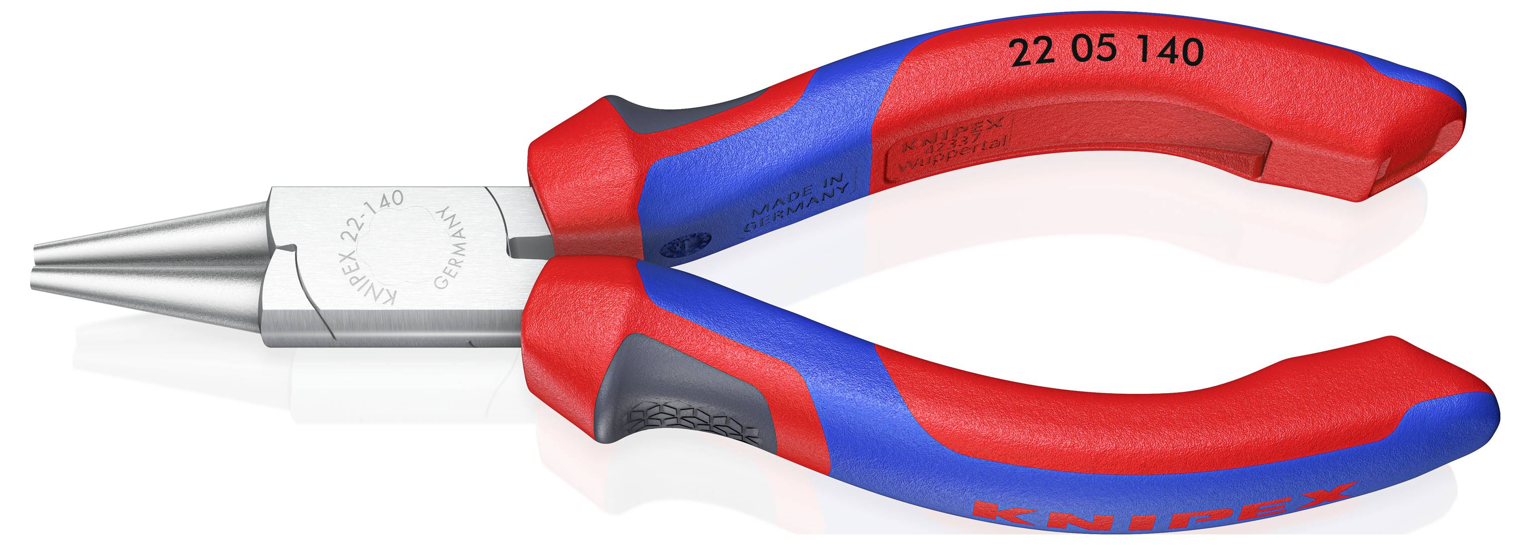 Rot- und blaugriffige Rundzange mit der Beschriftung „Knipex 22 05 140" am Griff, mit metallischen Backen zum Biegen von Draht.