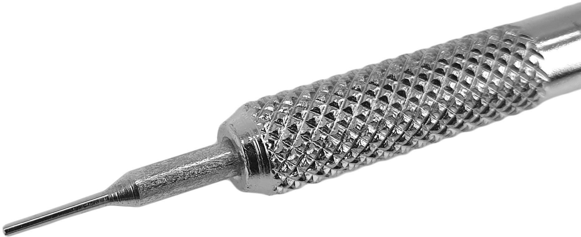 Metallischer Körner mit gerändeltem Griff und spitzer Spitze, verwendet zum Markieren von Punkten auf Materialien vor dem Bohren.