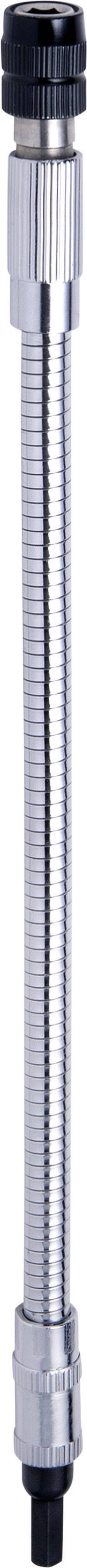 Metallschlauch mit schwarzem und silbernem Gewinde, vertikal ausgerichtet.