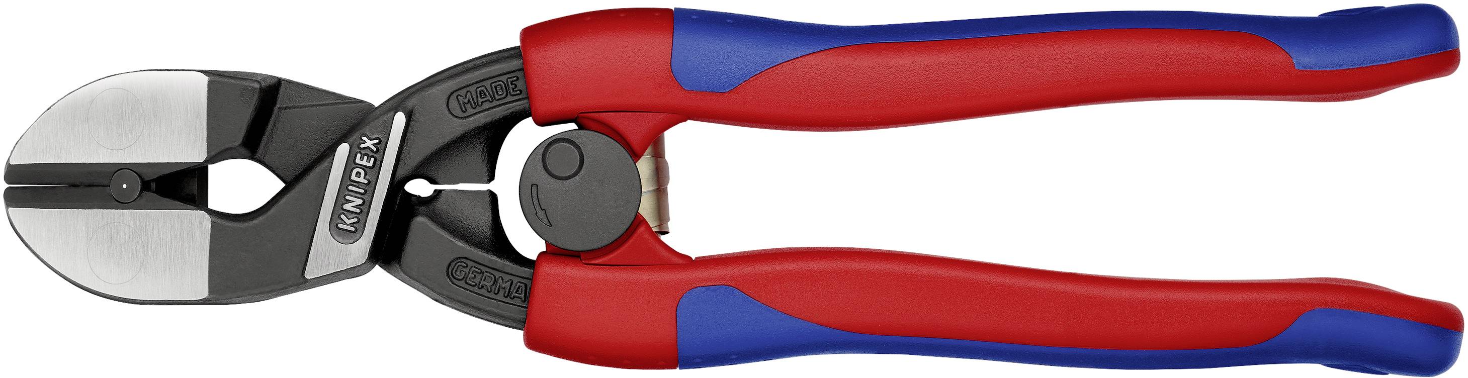 Zangenschneider mit roten und blauen Griffen, geeignet zum Schneiden von dicken Drähten oder Kabeln.