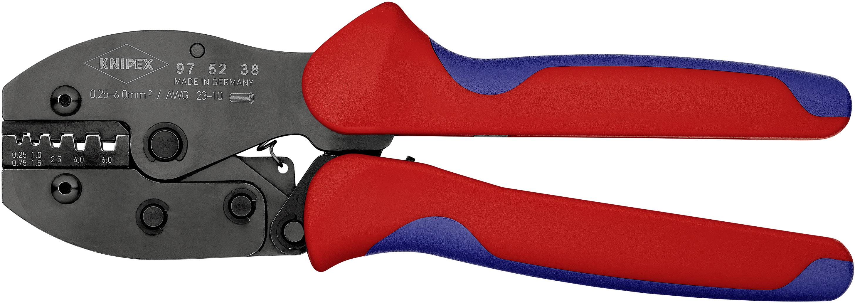 Eine rote und blaue Crimpzange mit der Aufschrift 'Knipex 97 52 38'. Sie wird zum Verbinden von Kabelverbindungen verwendet.