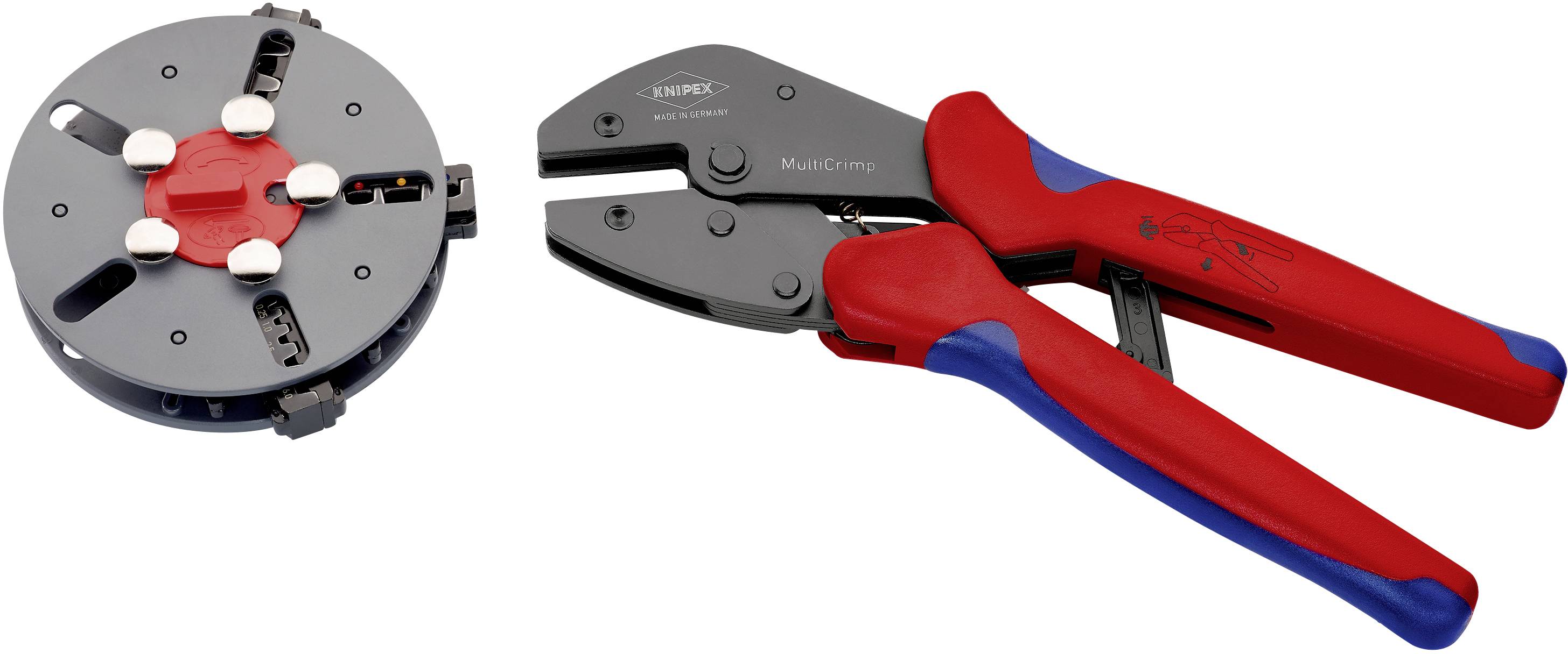 'Crimpzange Knipex Twistor16' neben Zubehörteil, rote und blaue Griffe, Werkzeug zur Kabelverarbeitung.