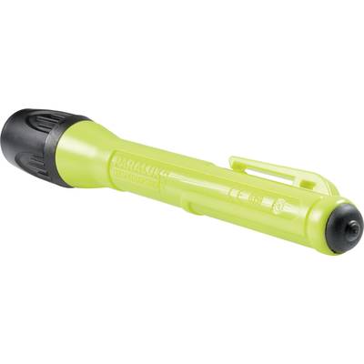 Eine gelbe Taschenlampe mit schwarzem Kopf und Clip, gekennzeichnet als 'Paralite Certified Lighting', wird auf einer weißen Fläche gezeigt.