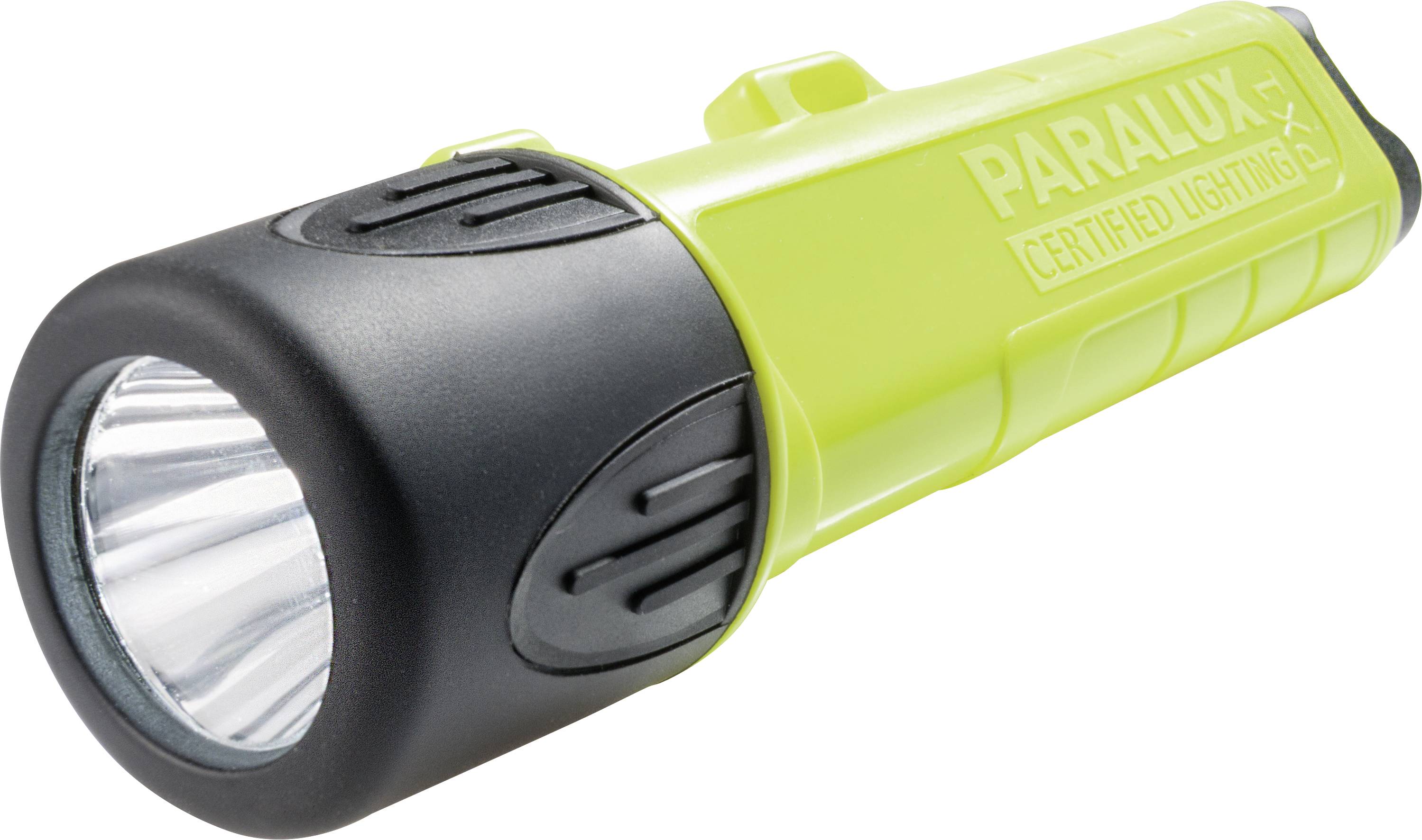 Grüne Taschenlampe mit schwarzem Kopf und seitlichem 'PARALUX Certified Lighting' Aufdruck.