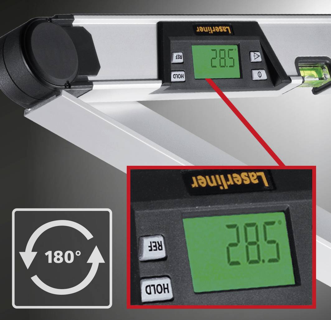 Gradmesser mit digitaler Anzeige zeigt 28,5 Grad. Symbol unten links zeigt '180°', grüne Libelle für Wasserwaage oben rechts.