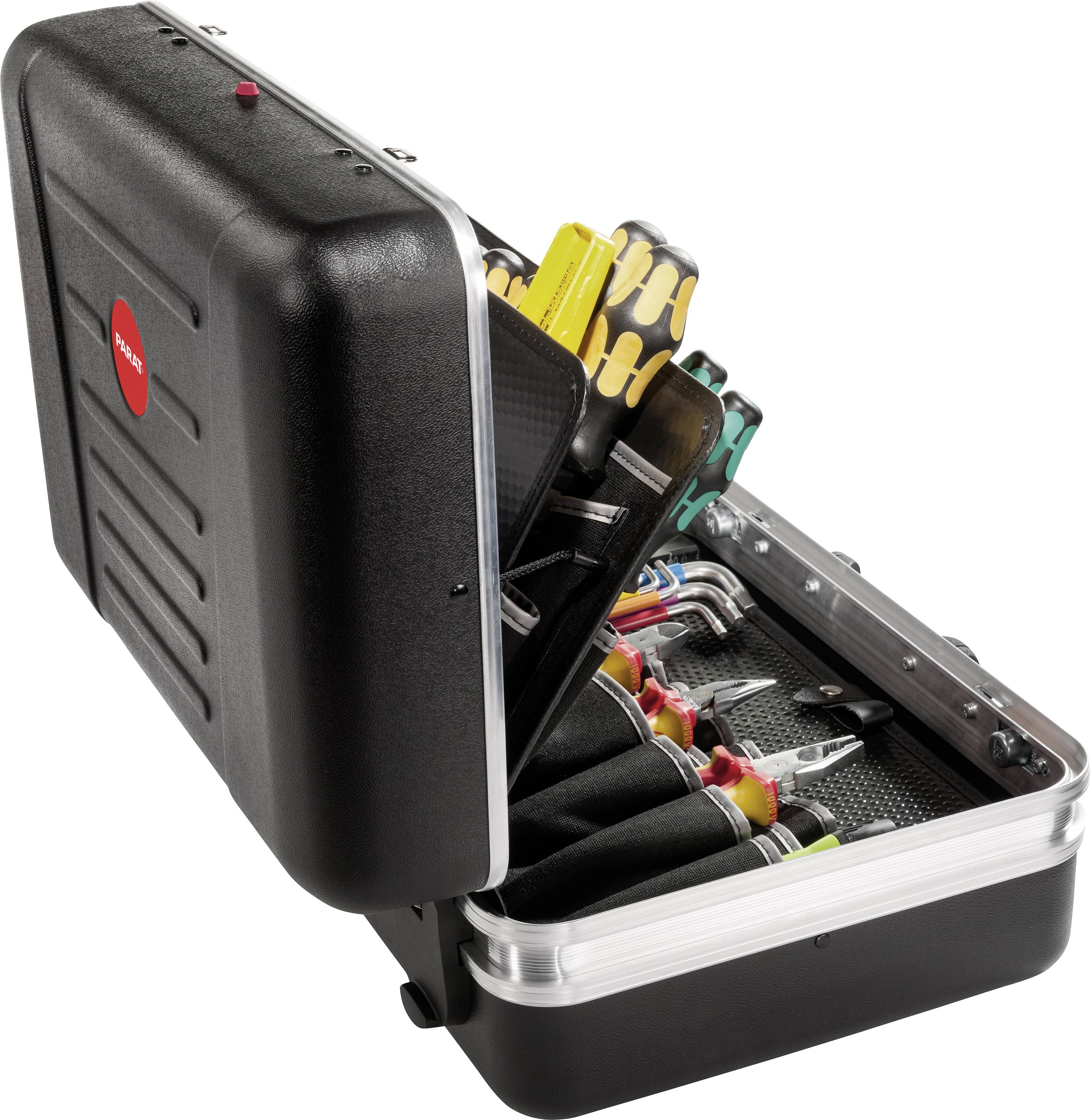 Schwarzer Werkzeugkoffer geöffnet, zeigt verschiedene Werkzeuge wie Schraubendreher und Zangen, ordentlich in Schaumstoffeinsätzen angeordnet.