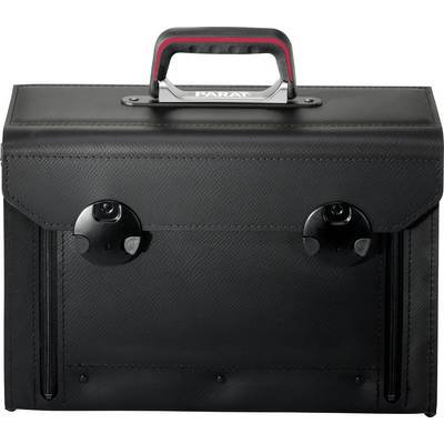Eine schwarze Werkzeugtasche mit festem Griff und zwei Verschlüssen, geeignet für die sichere Aufbewahrung von Werkzeugen.