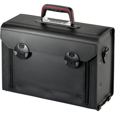 Schwarzer Aktenkoffer mit robustem Griff, zwei Verschlüssen auf der Vorderseite, ideal für geschäftliche Dokumente und Reisen.
