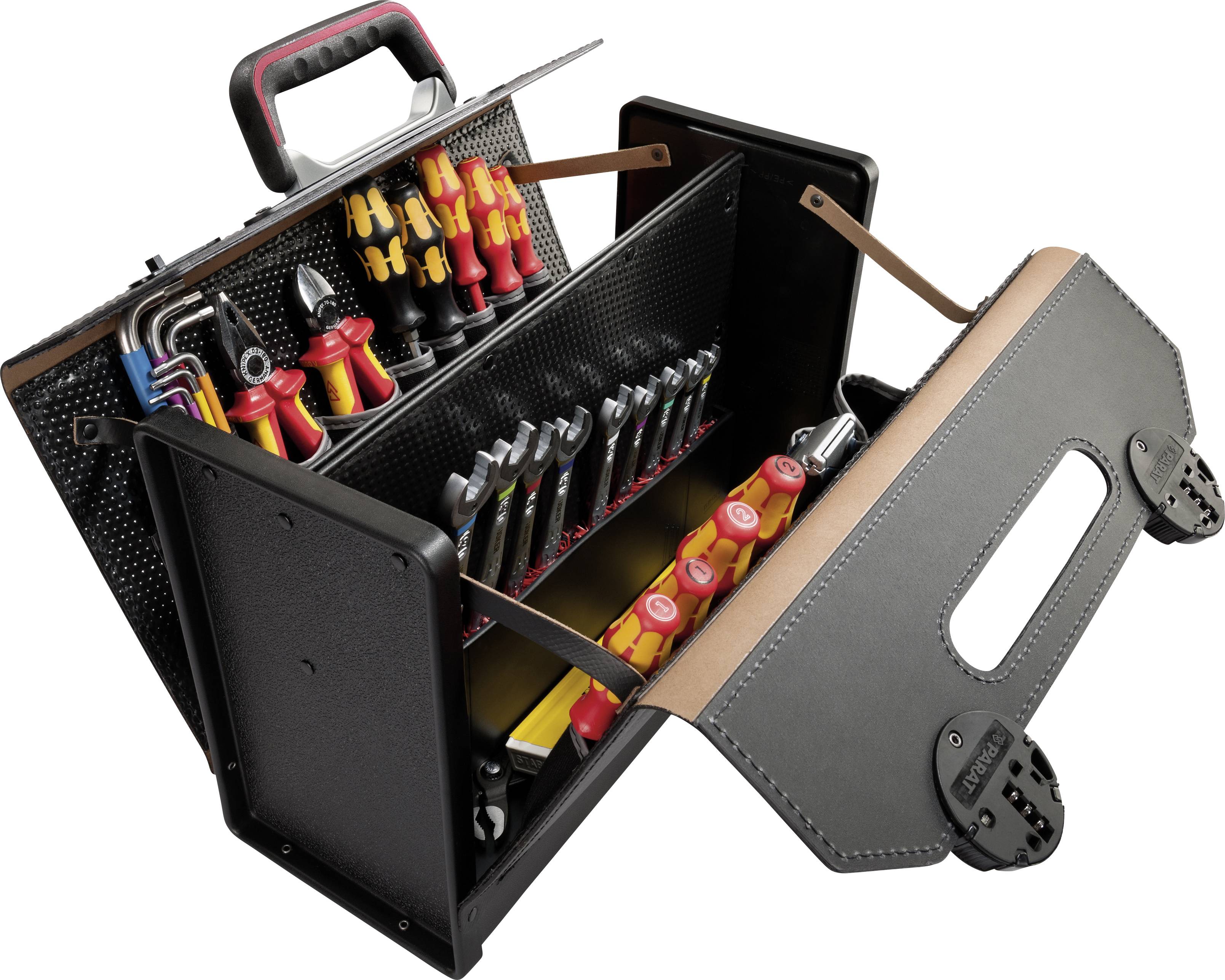 Werkzeugkoffer aus Leder mit geöffnetem Hauptfach, gefüllt mit Schraubendrehern und weiteren Werkzeugen in verschiedenen Fächern.