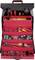 Offener Werkzeugkoffer mit mehreren Fächern, gefüllt mit Schraubendrehern, Zangen, Kabeln und Schrauben.