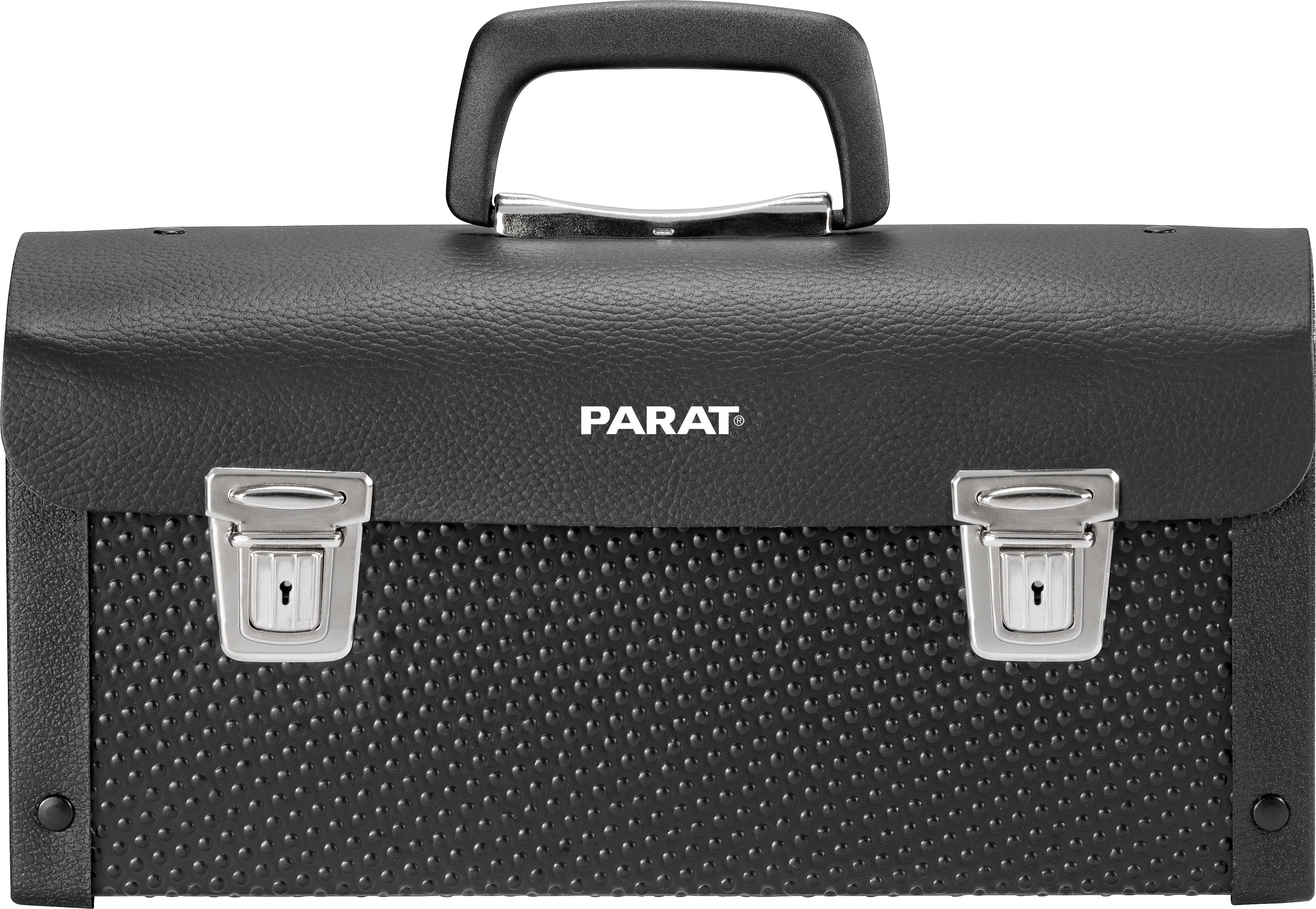 Schwarzer Werkzeugkoffer mit Griff und zwei Verschlüssen vorne. Markierung 'PARAT' in der Mitte. Profiliertes Design auf der Vorderseite.
