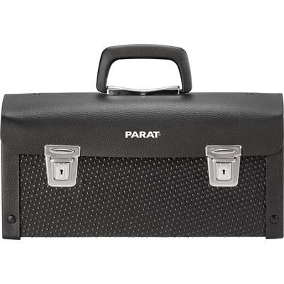 Schwarzer Werkzeugkoffer mit Griff und zwei Verschlüssen vorne. Markierung 'PARAT' in der Mitte. Profiliertes Design auf der Vorderseite.