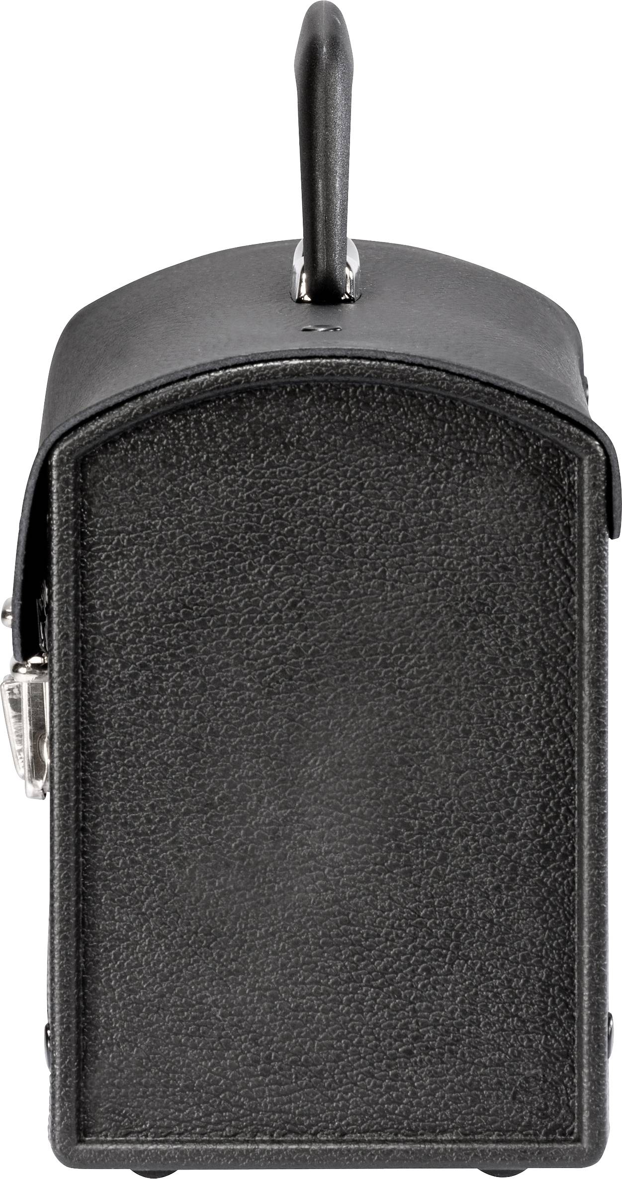 Schwarze Handtasche aus Leder, rechteckige Form, seitliche Ansicht.