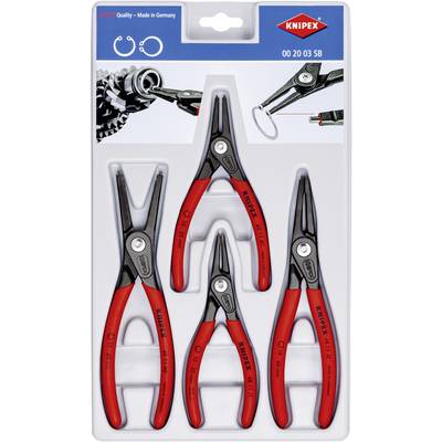 'Satz von vier KNIPEX-Zangen für Sprengringe, mit rotem Griff in Blisterverpackung, zum sicheren Halten und Schneiden von Werkstoffen geeignet.'