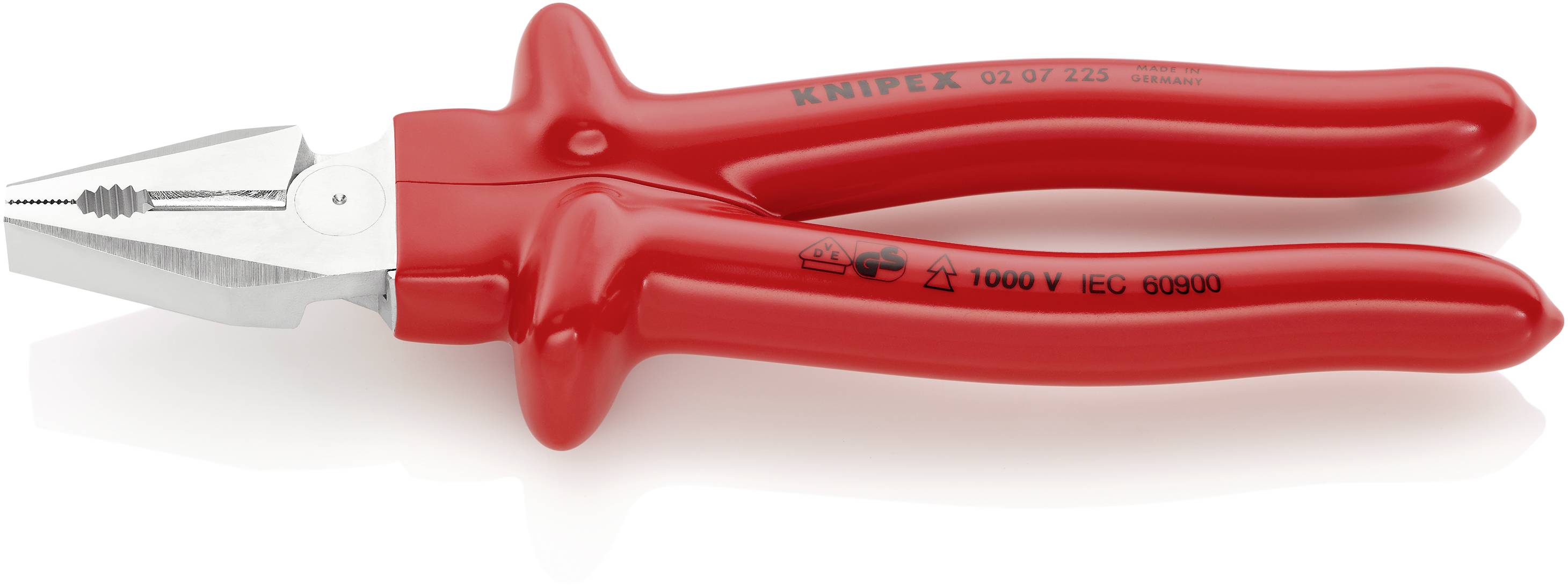 Rote Isolierte Flachzange von Knipex mit einem Schnittbereich und zwei Griffen, geeignet für Arbeiten mit Strom bis 1000 V.