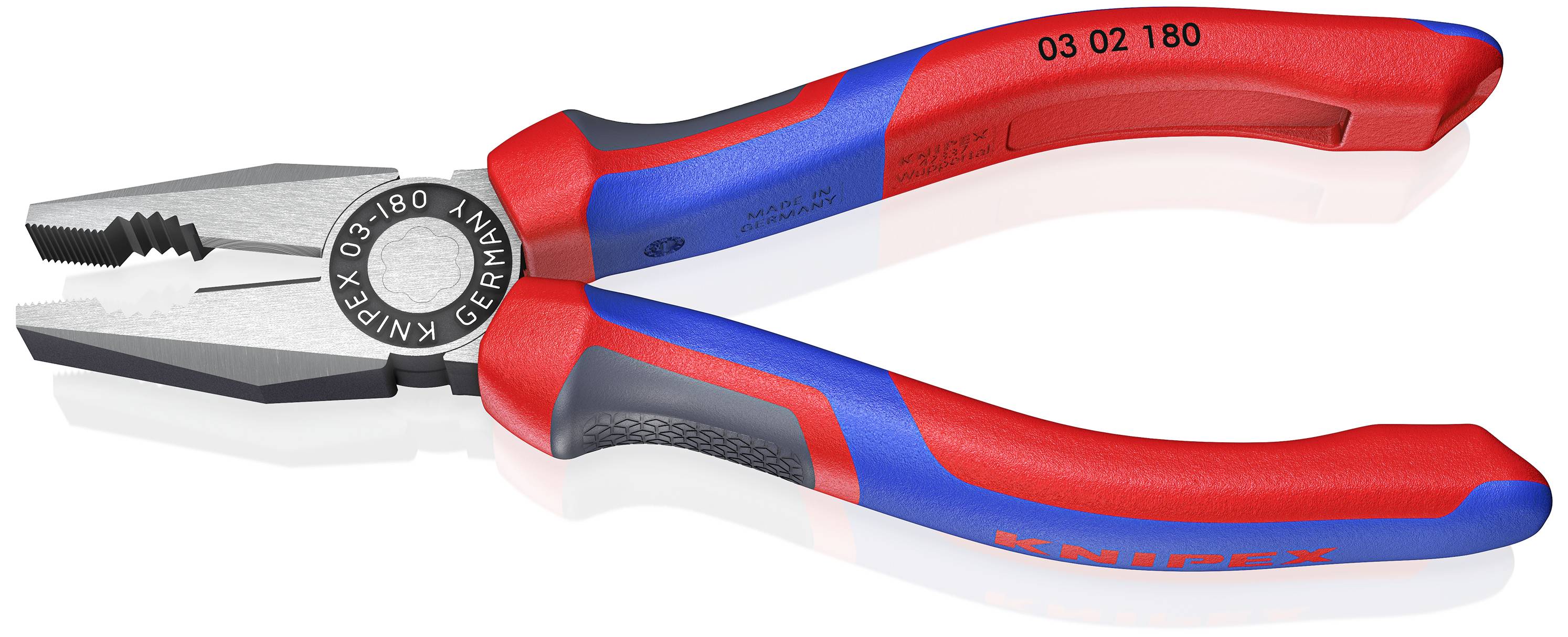 Eine rote und blaue Kombizange, markiert mit 'Knipex' und Modellnummer '03 02 180', liegt geöffnet auf einer weißen Fläche.