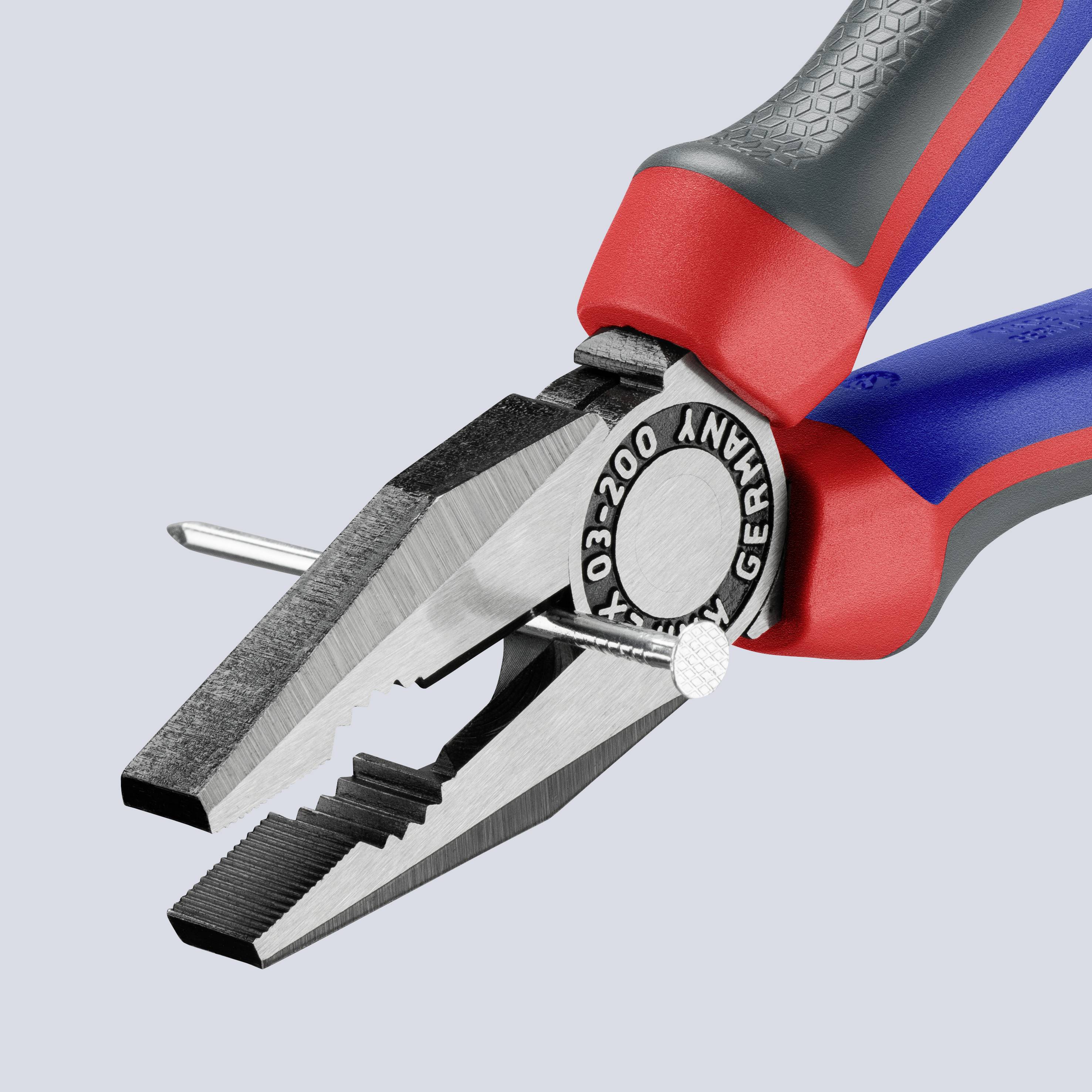 Eine Kombizange hält einen Nagel zwischen den Backen. Die Zange ist blau und rot. Sie hat einen silbernen Drehpunkt.