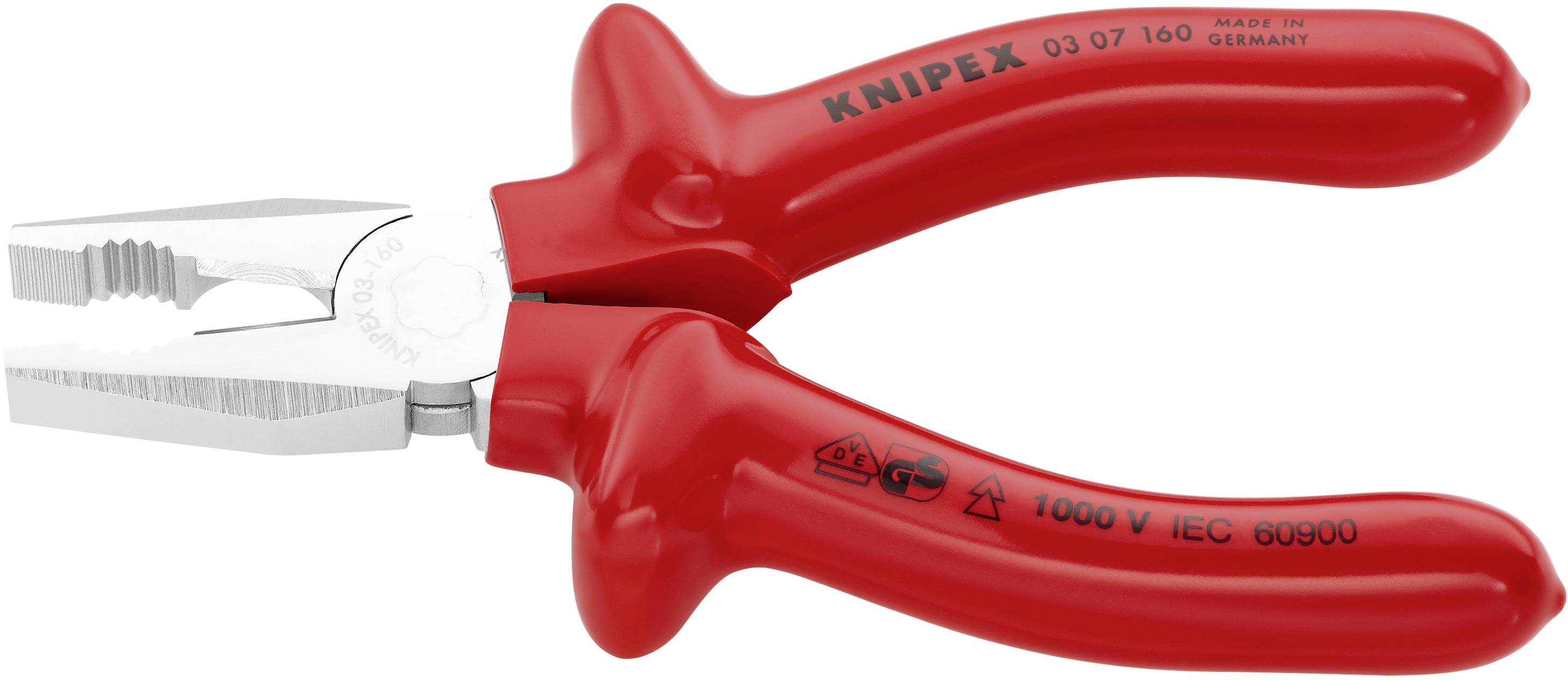 'Rote Knipex Kombizange mit isolierten Griffen, geeignet für Arbeiten bis 1000 V gemäß IEC 60900 Standard.'