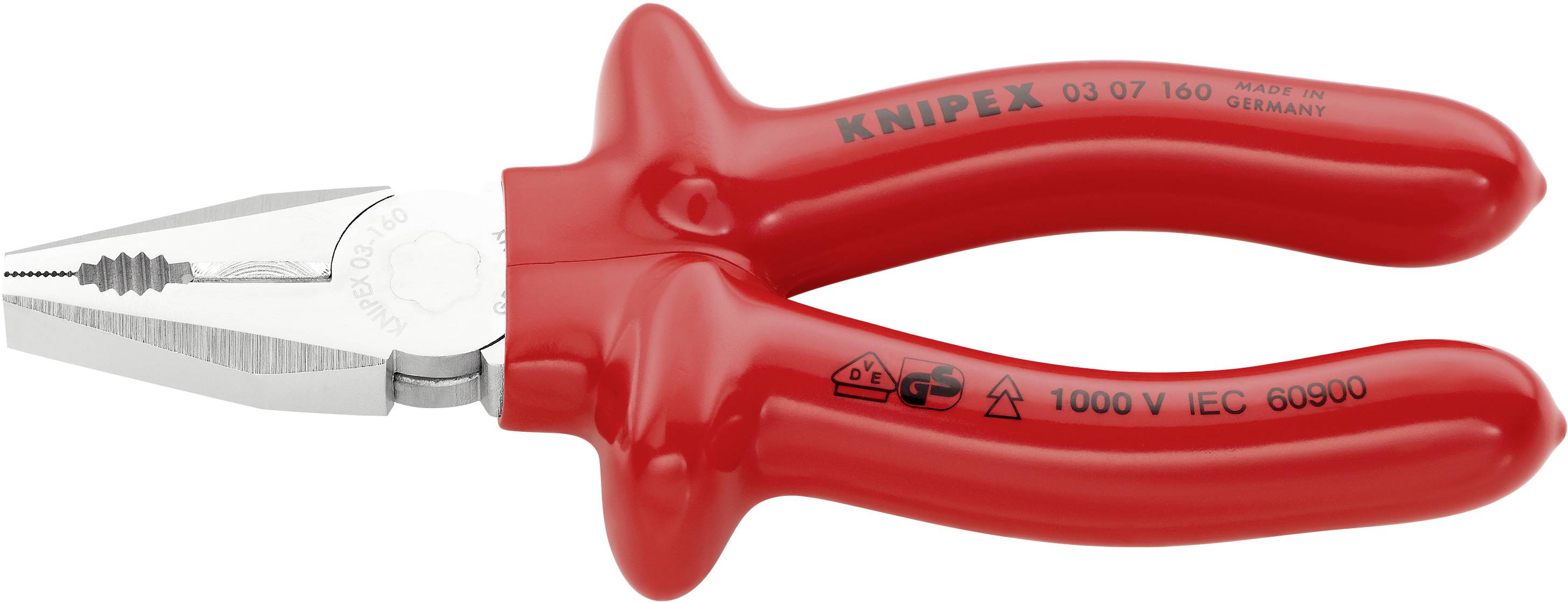Eine rote isolierte Kombizange mit Metallbacken, geeignet für Arbeiten unter Spannung bis 1000V. Markierungen geben Spannungsschutz an.