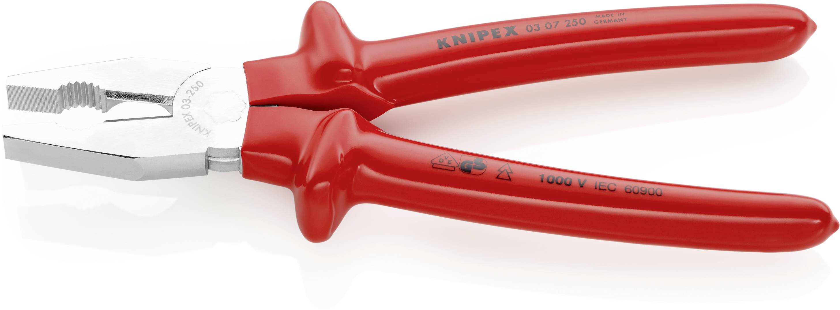Rote Kombizange der Marke Knipex mit isolierten Griffen, geeignet für Arbeiten bis 1000 Volt.