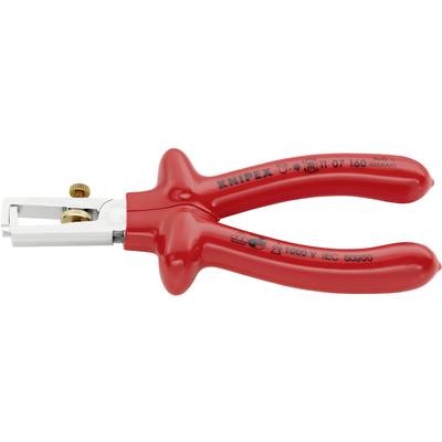 Roter Abisolierer mit Metallkopf und Messerschraube, geeignet für Arbeiten bis 1000V, mit der Aufschrift 'KNIPEX' auf dem Griff.