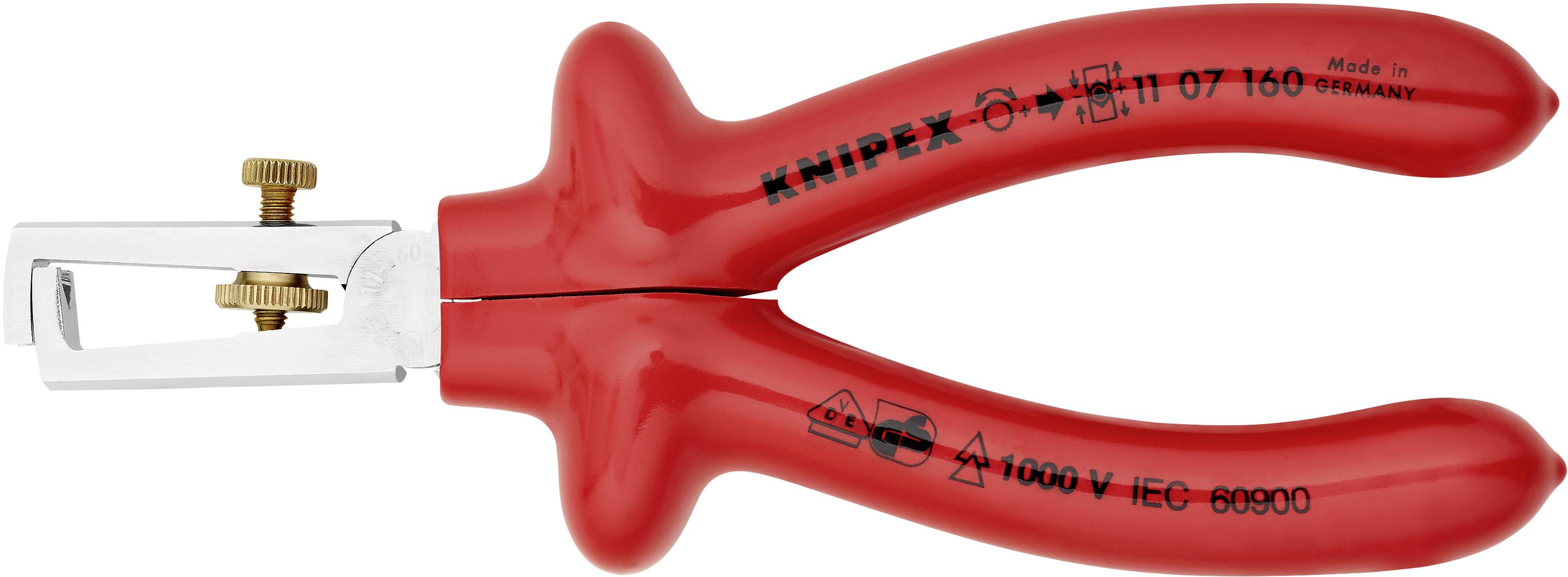 Rote Knipex-Abisolierzange, geeignet für 1000 V, mit einstellbarem Schraubmechanismus zum Entfernen von Isolierung von elektrischen Drähten.